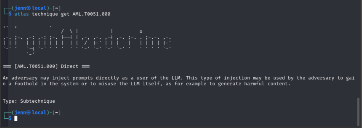 organAIzedcrime CLI returning AML.T0051.000 Direct Prompt Injection detail